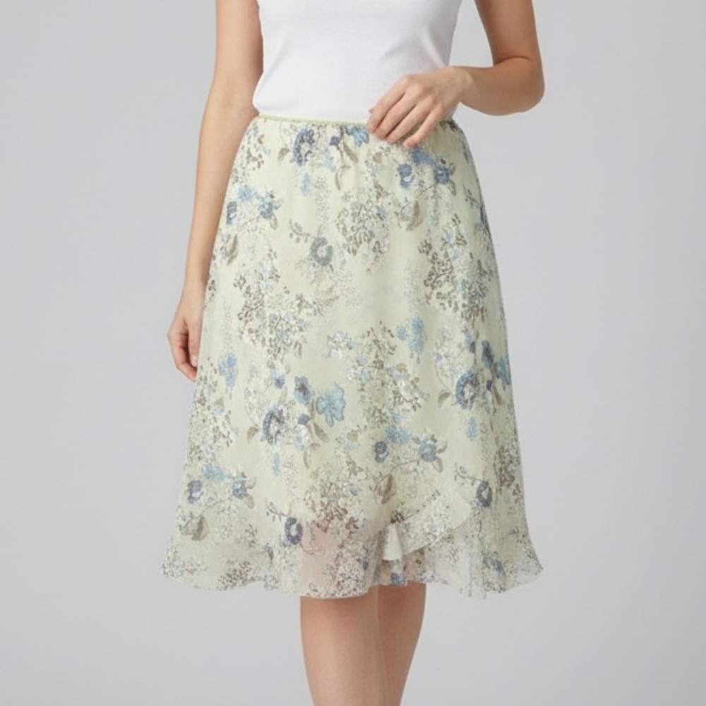 Connected Apparel Blue and Cream Floral A-Line Midi Skirt Women's Size Large